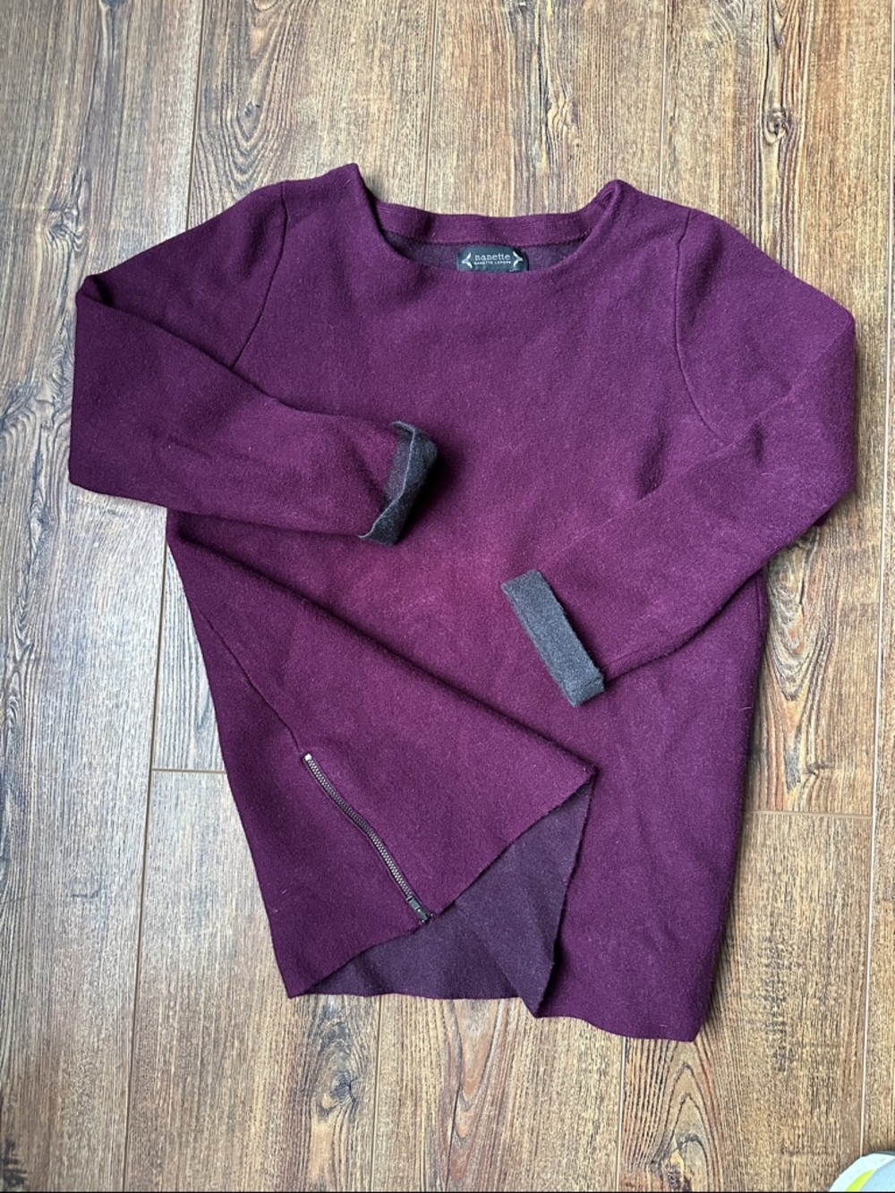 Nanette  Plum Crewneck Sweater with Dark Gray Trim and Side Zip